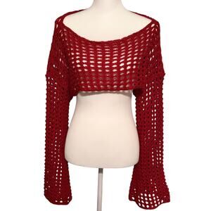 Red Crochet Cropped Off Shoulder Flare Sleeve Sweater Size Large